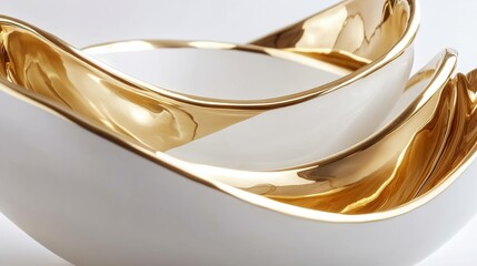 Elegant White and Gold Bowls, Abstract Design with Flowing Curves and a Modern Aesthetic