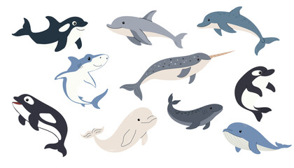 A set of aquatic animals. Ocean aquatic animals. Orca, whale, dolphin, narwhal, shark and beluga. Flat vector set. Cute style
