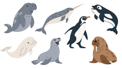 Set of sea animals. Aquatic animals set. Ocean mammals orca, Walrus, sea lion, seal, penguin, shark, whale, dolphin, narwhal, beluga. Vector illustration. © Jevgeniya Mukhitova
