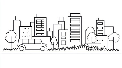 Naklejka premium Simple line drawing city landscape with car and trees. Possible use educational material or illustration