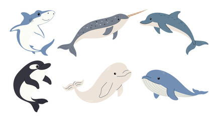 A set of aquatic animals. Ocean aquatic animals. Orca, whale, dolphin, narwhal, shark and beluga. Flat vector set. Cute style © Jevgeniya Mukhitova