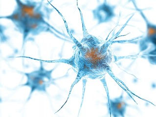 Detailed Microscopic View of Interconnected Neurons in Blue and Orange Hues