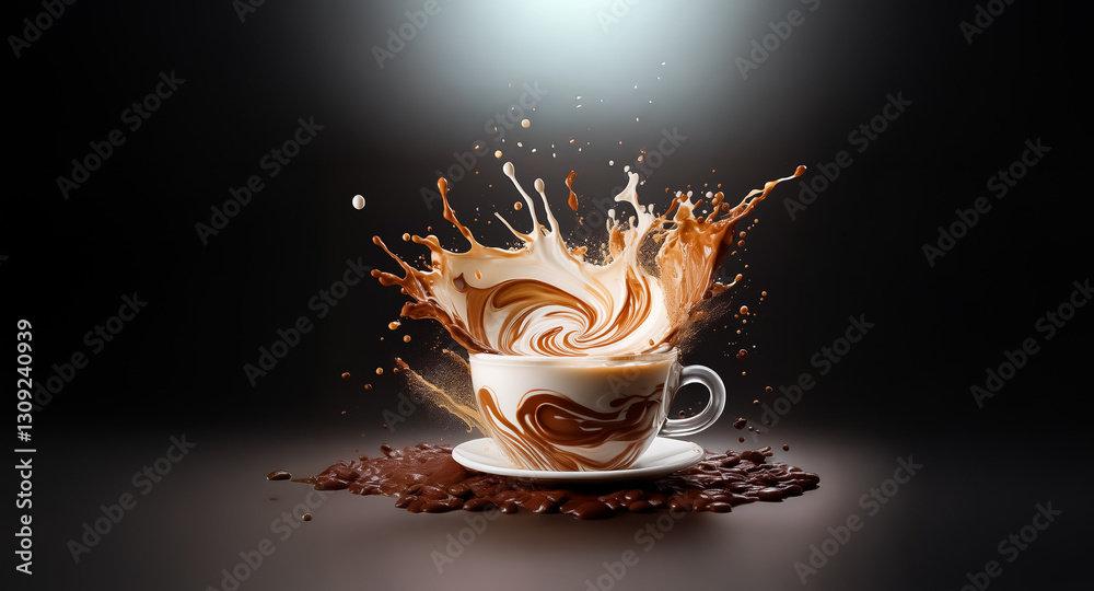 Poster a dynamic coffee splash erupts from a white cup, creating a swirl of brown liquid against a stark bl