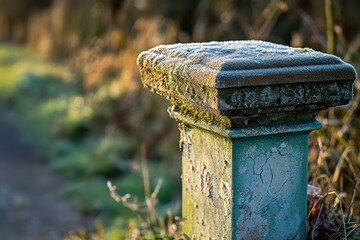 Fototapeta premium Frosty Stone Pillar in Nature with Morning Light and Vegetation