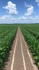 Naklejka premium A vibrant expanse of flourishing corn plants stretches as far as the eye can see, reaching towards the horizon beneath a brilliant blue sky adorned with fluffy white clouds