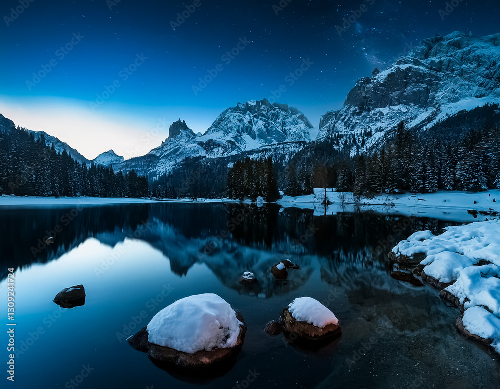 Poster snowy mountain peaks reflect in a serene lake under a starlit night sky. winter scene with dark blue