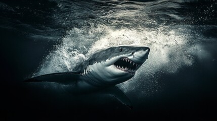 Naklejka premium A terrifying great white shark attack, its powerful body surging through the water, jaws gaping with deadly teeth, dark ocean depths behind, high-intensity underwater shot 