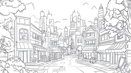 Obraz premium City street scene drawing, urban landscape, line art, background