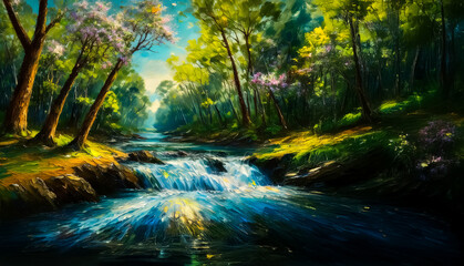 Vibrant forest scene. Clear river flows through lush greenery and trees under bright sky. Sunlight filters leaves, illuminating water.
