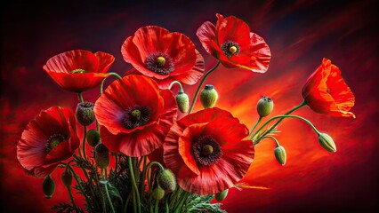 Fototapeta premium Bold red poppies, sharply focused, create a stunning architectural floral still life.