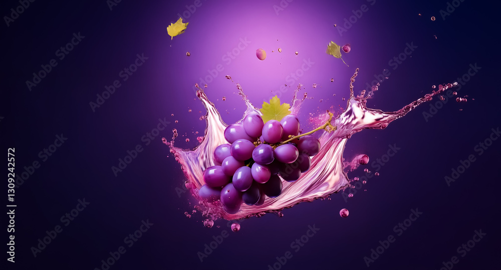 Poster purple grapes dynamically burst with splashing liquid against a vibrant violet backdrop, with a few 