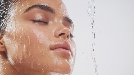 Young hispanic female refreshing skin with water