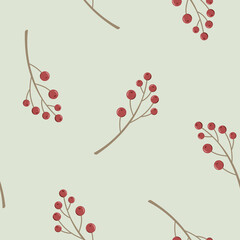 Seamless botanical pattern with ashberry branches. Hand drawn flat Rowan berries. Minimalist autumn olive background with red berry. Fall print for fabric, textile, wallpaper, packaging.