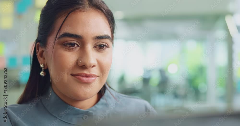 Aufkleber Laptop, reading and smile with business woman in office for coding, programming or web design. Computer, creative and development with happy designer in workplace for online planning or research