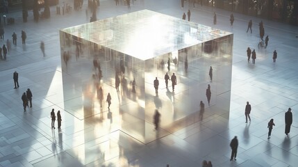 Glass cube structure people square. Reflective surface sunlight. AI generated AI generated