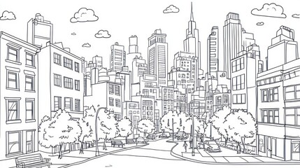Fototapeta premium Cityscape sketch, urban scene, line drawing, architectural drawing, background
