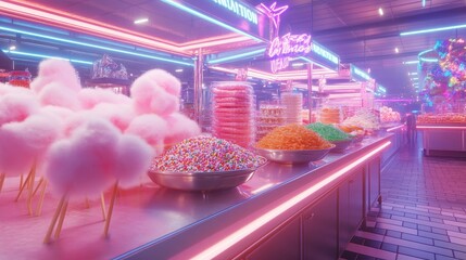 Vibrant neon diner scene, retro-styled seating with glowing lights, inviting atmosphere, perfect for themed events and social gatherings.