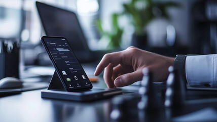 businessperson using smartphone on desk with chess pieces, showcasing modern technology and strategy in professional environment