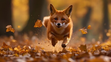 Energetic fox running through colorful autumn leaves forest wildlife photograph vibrant environment close-up nature's beauty