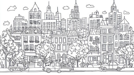 Obraz premium Cityscape line drawing, urban sketch, buildings, trees, vehicles