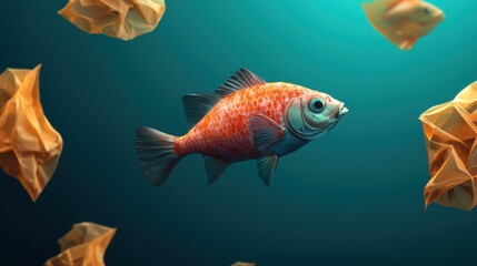 Obraz premium Ocean conservation pollution research concept. A vibrant goldfish swims among crumpled brown paper, creating a unique underwater scene that highlights contrast and texture.