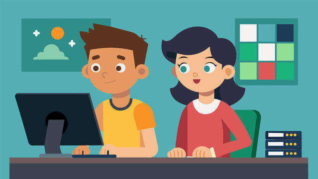 With serious expressions two young animators work in tandem on a stopmotion animation using paper outs and a simple video editing software.. Vector illustration