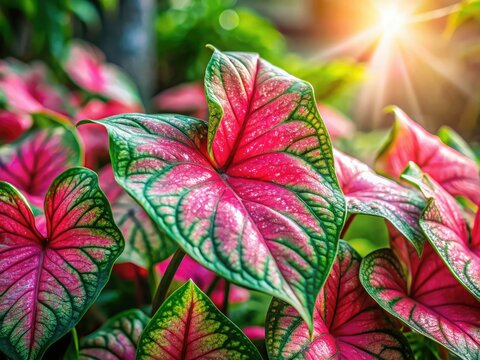 Close-up bokeh photography showcasing vibrant pink and green caladiums in a morning garden.