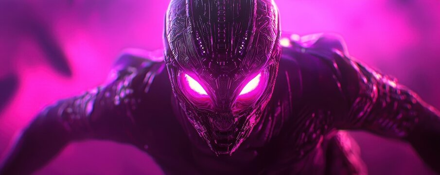 Futuristic Cyborg in Neon Pink Light Close up Portrait Sci Fi Character Glowing Eyes