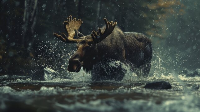 Majestic moose wading through a rushing river under a rain shower. - Powered by Adobe