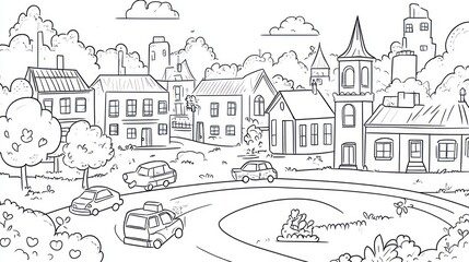 Obraz premium Cartoon illustration of a tranquil village scene with cars. Possible use for children's books or educational materials