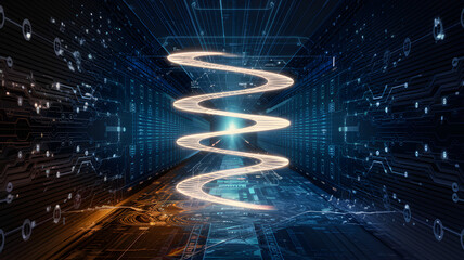 A glowing spiral path representing the flow of AI logic through a digital system.