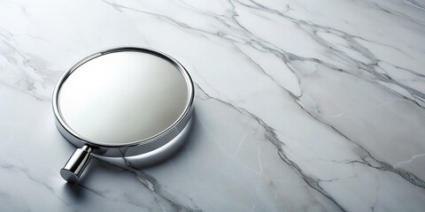Fototapeta premium Compact Travel Mirror on Marble - Flat Lay, Clean Aesthetic, Copy Space