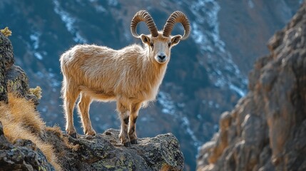Obraz premium High altitude landscape majestic mountain goat on rocky outcrop - animal photography