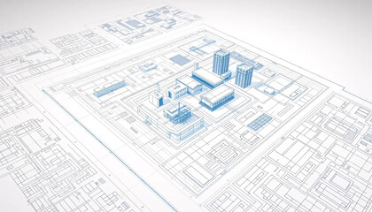 Complex Architectural Blueprint in Technical Blue Rendering
