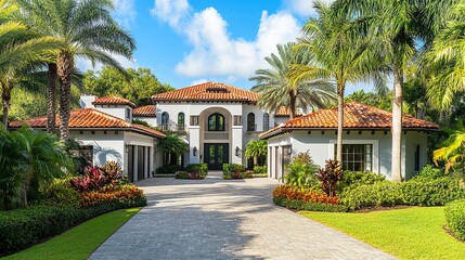 A vibrant home exterior with gray and white tones, a bold red tile roof, a flourishing tropical garden with palm trees, and a perfectly maintained driveway, wide-angle architectural shot. 