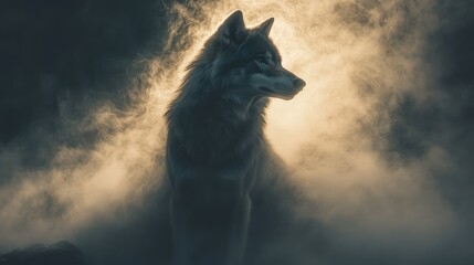 Mystical wolf in fog enchanted forest wildlife photography ethereal atmosphere side view nature's majesty