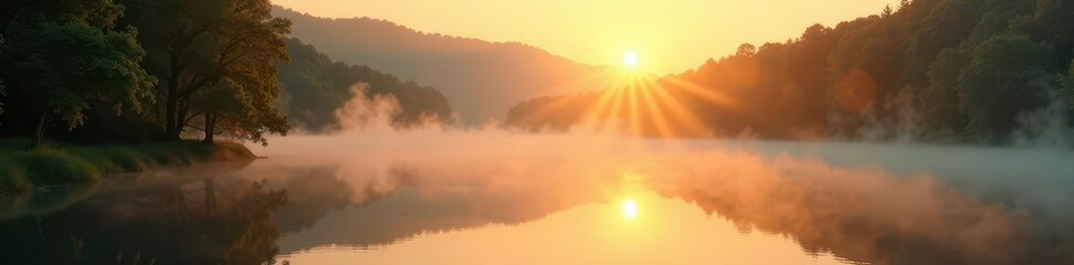 Fototapeta premium Golden sunrise light on misty lake, summer foliage reflects , nature, atmosphere