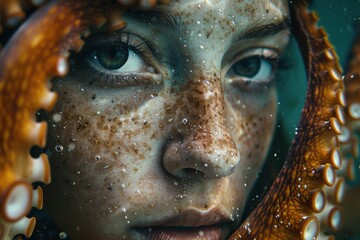 Underwater portrait of a woman's face partially obscured by an octopus arm, creating a mysterious and intriguing scene.