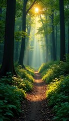 Obraz premium Narrow trail meanders, sunlight filtering through dense canopy, canopy, habitat, season