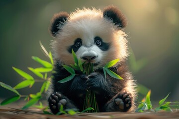 Fototapeta premium Adorable baby panda enjoying a delicious bamboo snack.