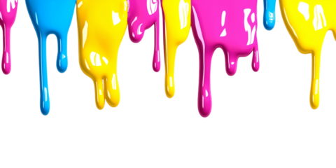 CMYK or pink , yellow, blue, black and red stroke of paint pouring from can isolated on png transparent background	