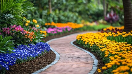 Obraz premium Curving Red Brick Path Through Vibrant Flower Garden