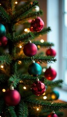 Fototapeta premium Decorative Christmas tree with colorful ornaments, decorative item, holiday ornaments