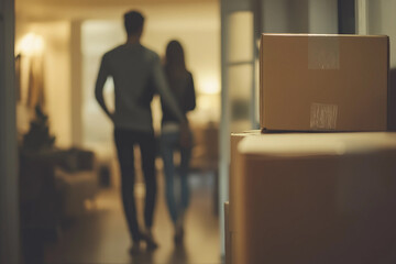 Family Relocation with Cardboard Boxes and Belongings in New Apartment Interior, Generative AI photo art