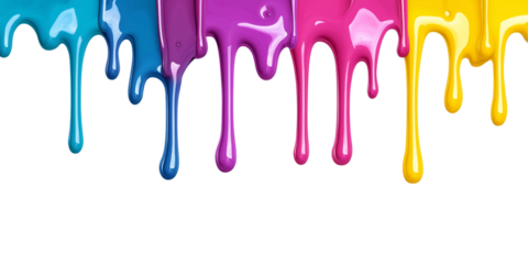 CMYK or pink , yellow, blue, black and red stroke of paint pouring from can isolated on png transparent background	