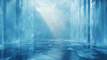 Obraz premium Abstract ice room with translucent blue walls and a glossy frozen floor, soft misty lighting, frost-kissed textures, dreamy winter aesthetic, ethereal depth, wide-angle perspective. 