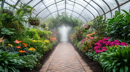 Lush Greenhouse Pathway with Colorful Flowers and Fog