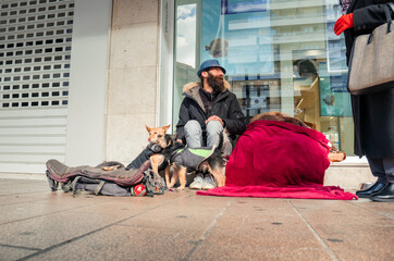 Homeless man sitting on the street with his dogs is receiving help from passerby