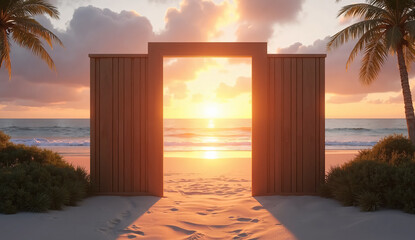 Beautiful Sunset View Through an Open Gate on the Beach – Perfect for Tourism, Wellness, and Inspirational Branding