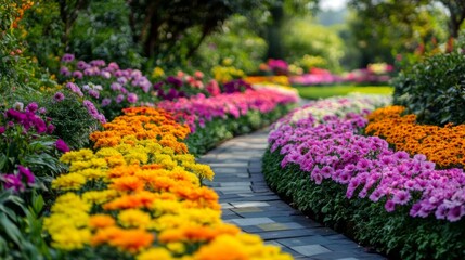 Colorful Flowers Blooming Along Stone Garden Path
